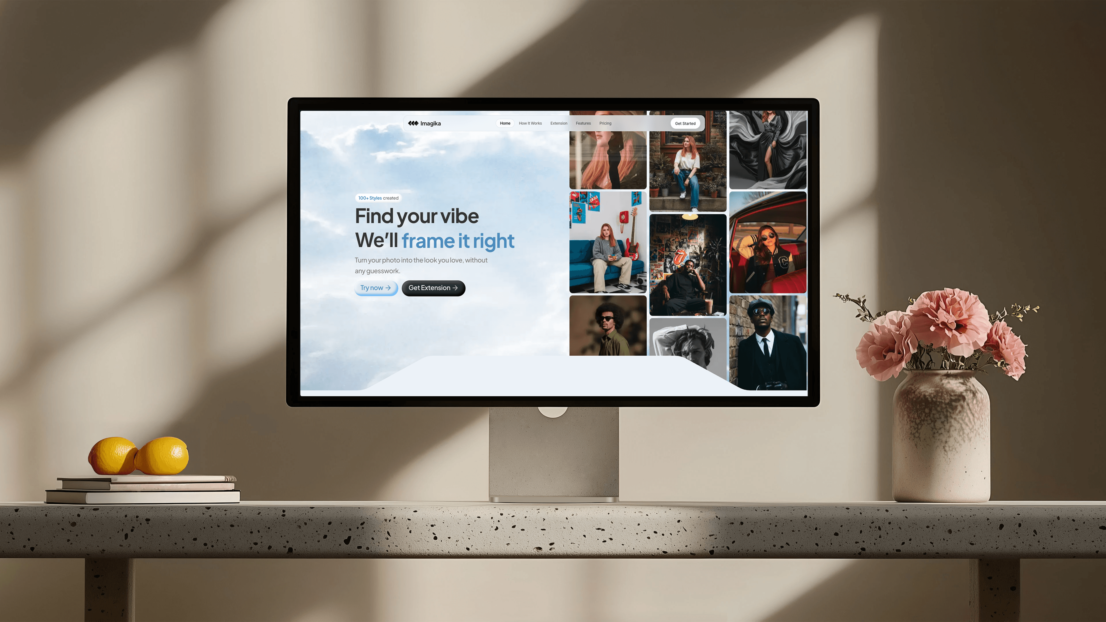 Imagika running on a Studio Display in a warm sunlit studio, generated product photography beside the source reference image.