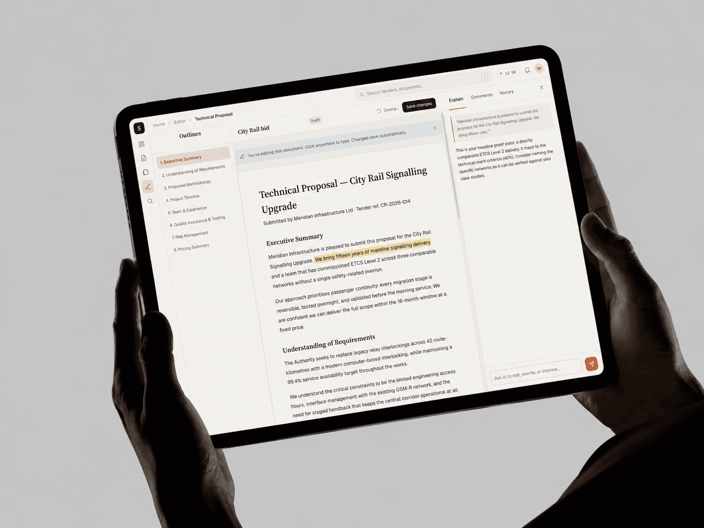 Scriva proposal editor on an iPad held in both hands, an eight section outline rail on the left and an AI Explain panel reasoning about a highlighted sentence.