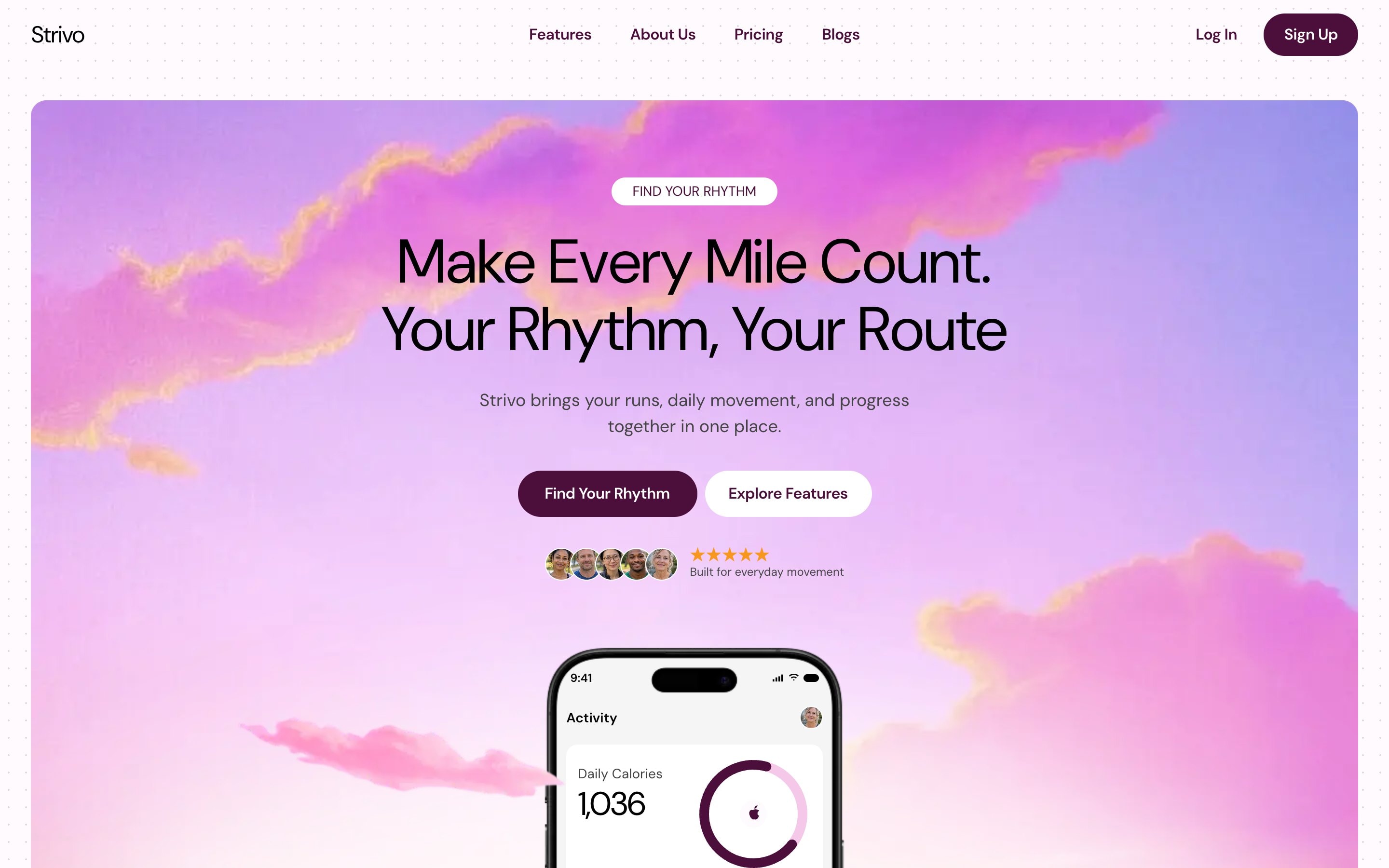 Strivo hero: ‘Make every mile count’ over a pink and violet cloud sky with a phone showing daily calories.