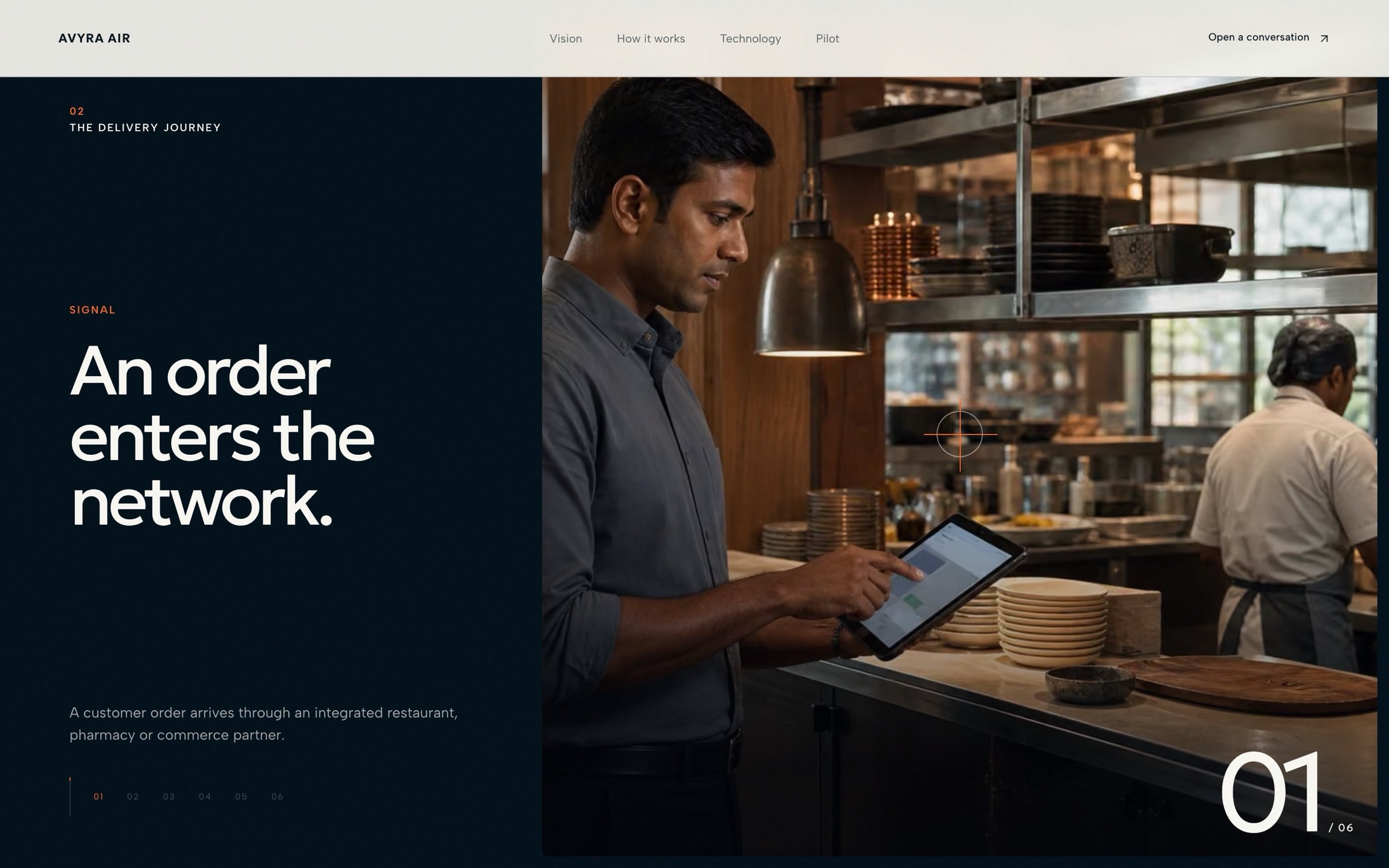 Delivery journey step 01, ‘An order enters the network’, beside a restaurant worker with a tablet.
