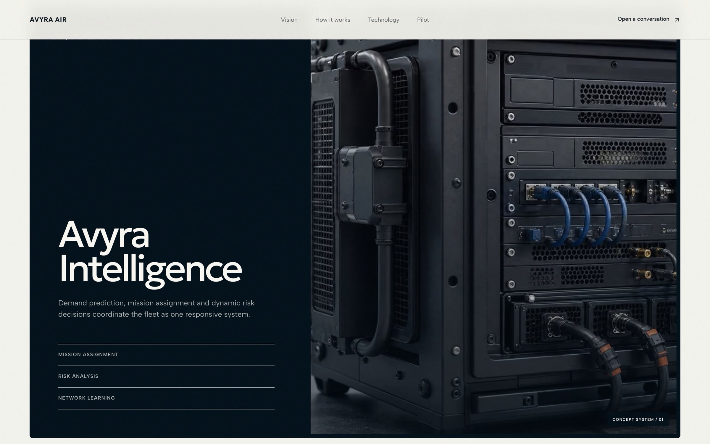 ‘Avyra Intelligence’ card beside a server rack.