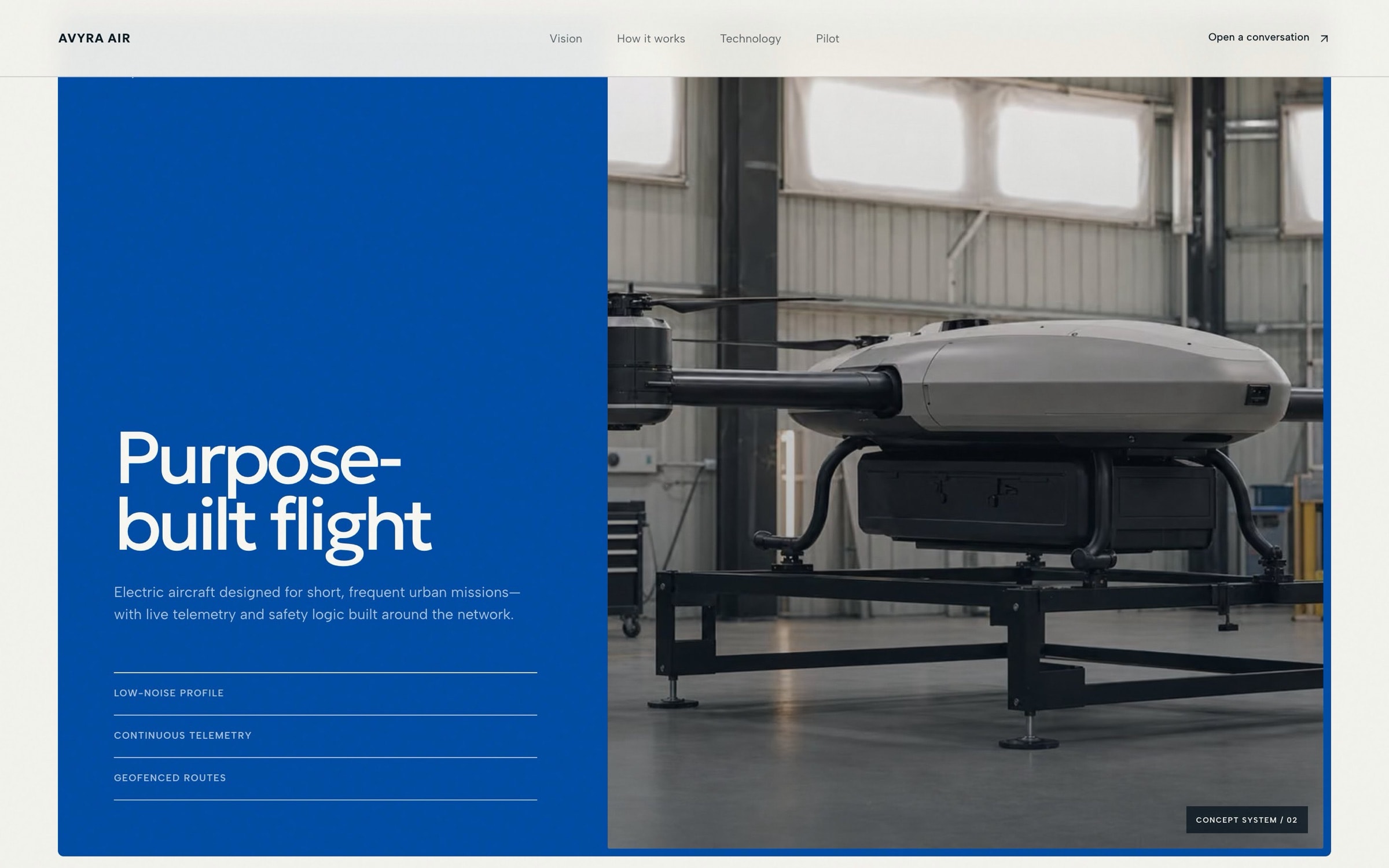 ‘Purpose-built flight’ on a cobalt panel beside the aircraft in a hangar.