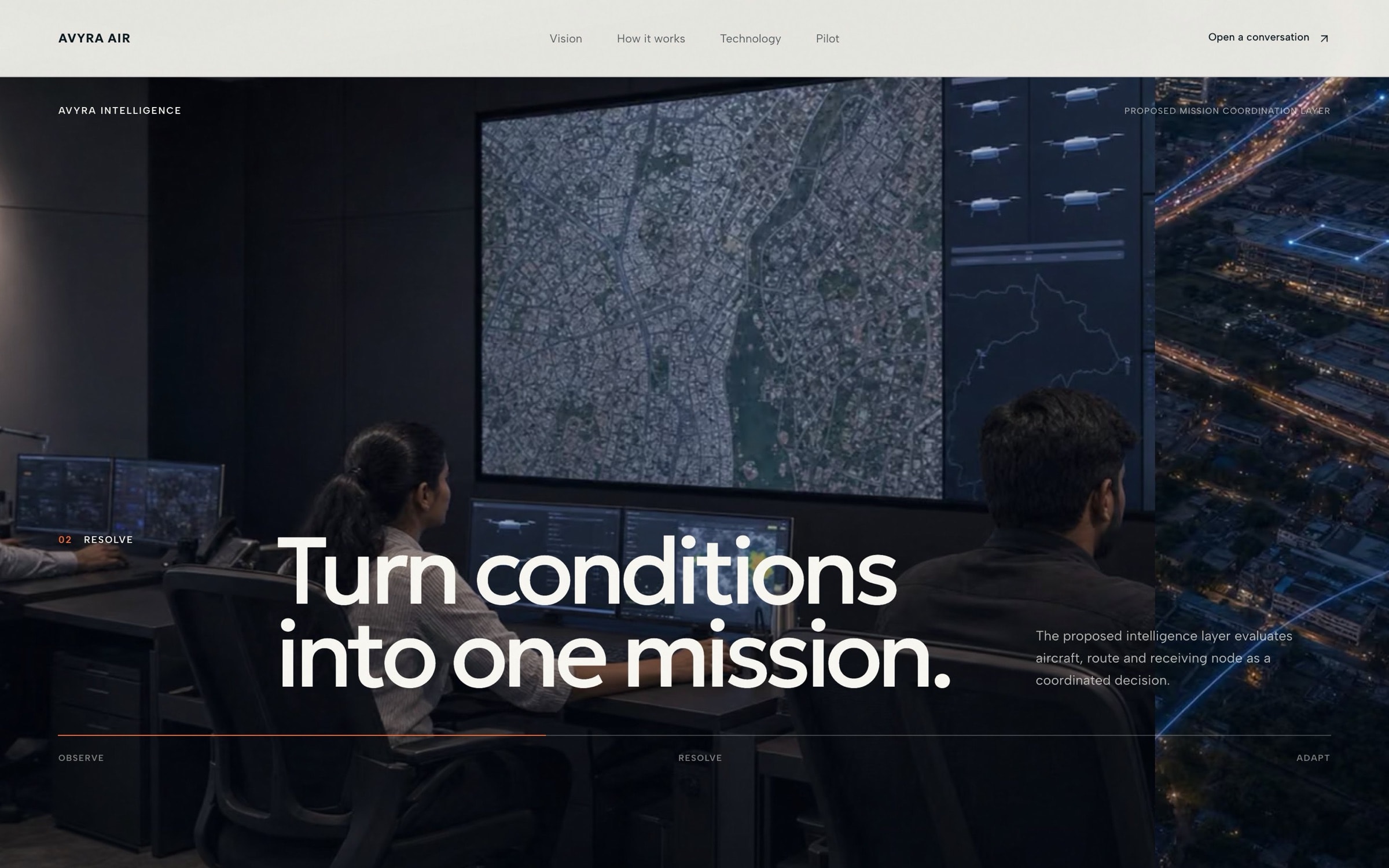 ‘Turn conditions into one mission’ over a control room with a live city map.
