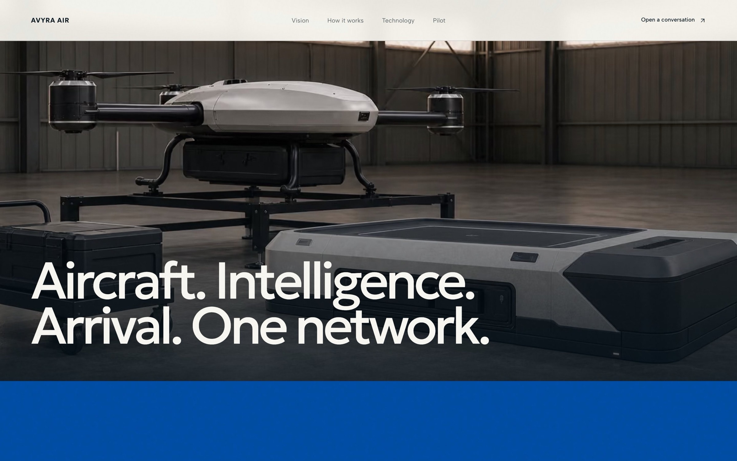 ‘Aircraft. Intelligence. Arrival. One network.’ over the aircraft in a hangar.