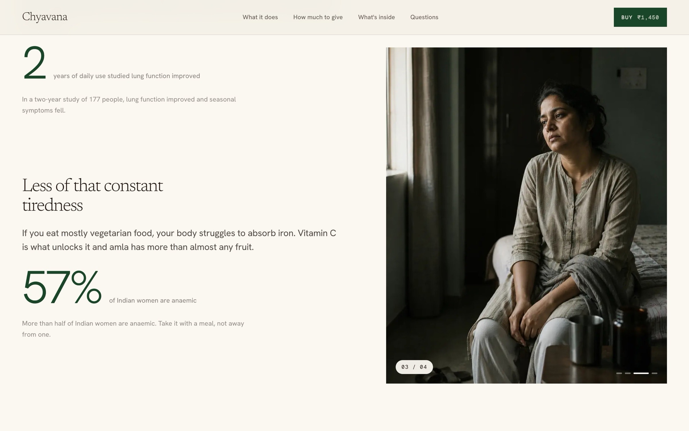 ‘Less of that constant tiredness’ with a large statistic beside a woman resting by a window.