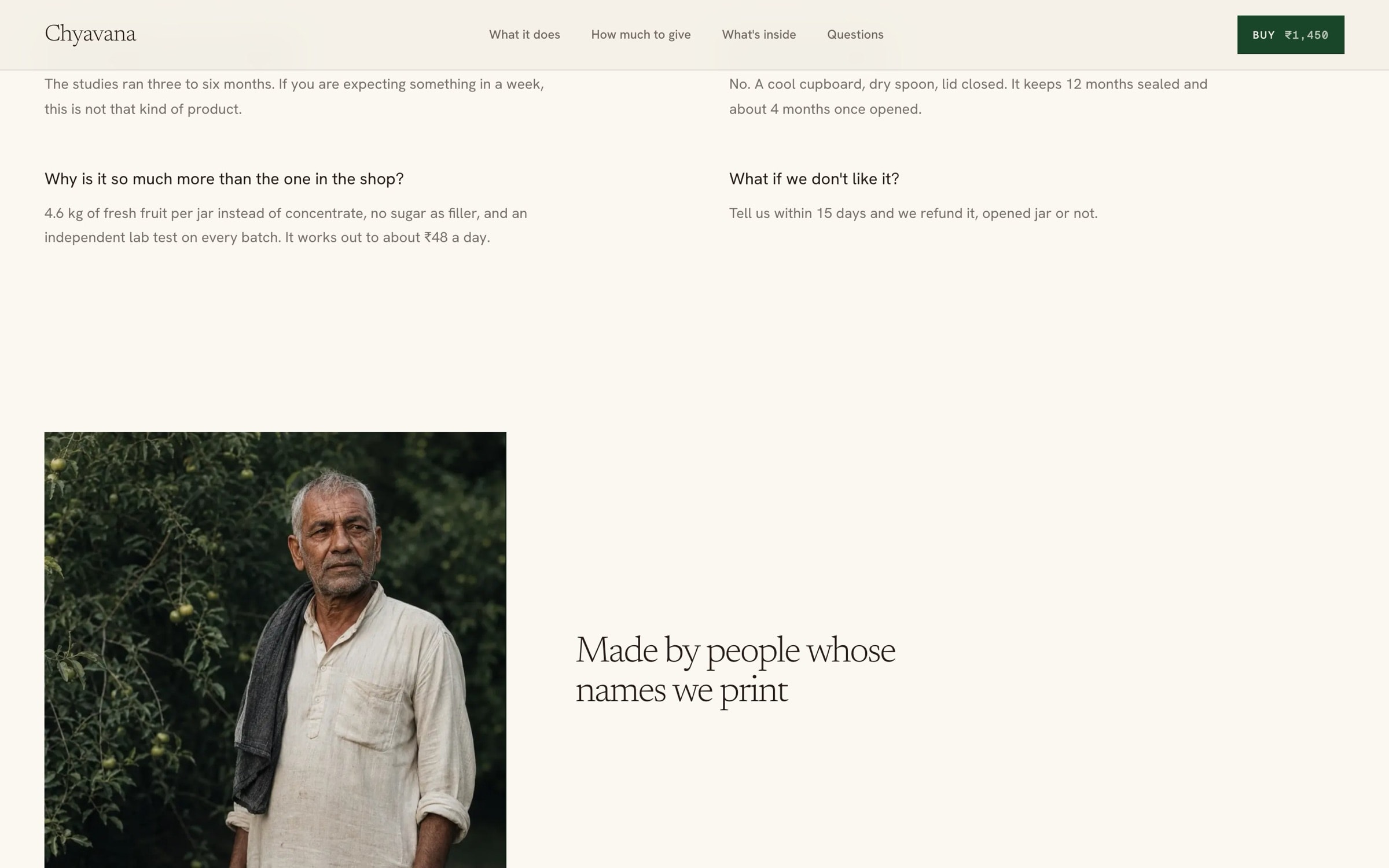 ‘Made by people whose names we print’ beside a portrait of an elderly craftsman.