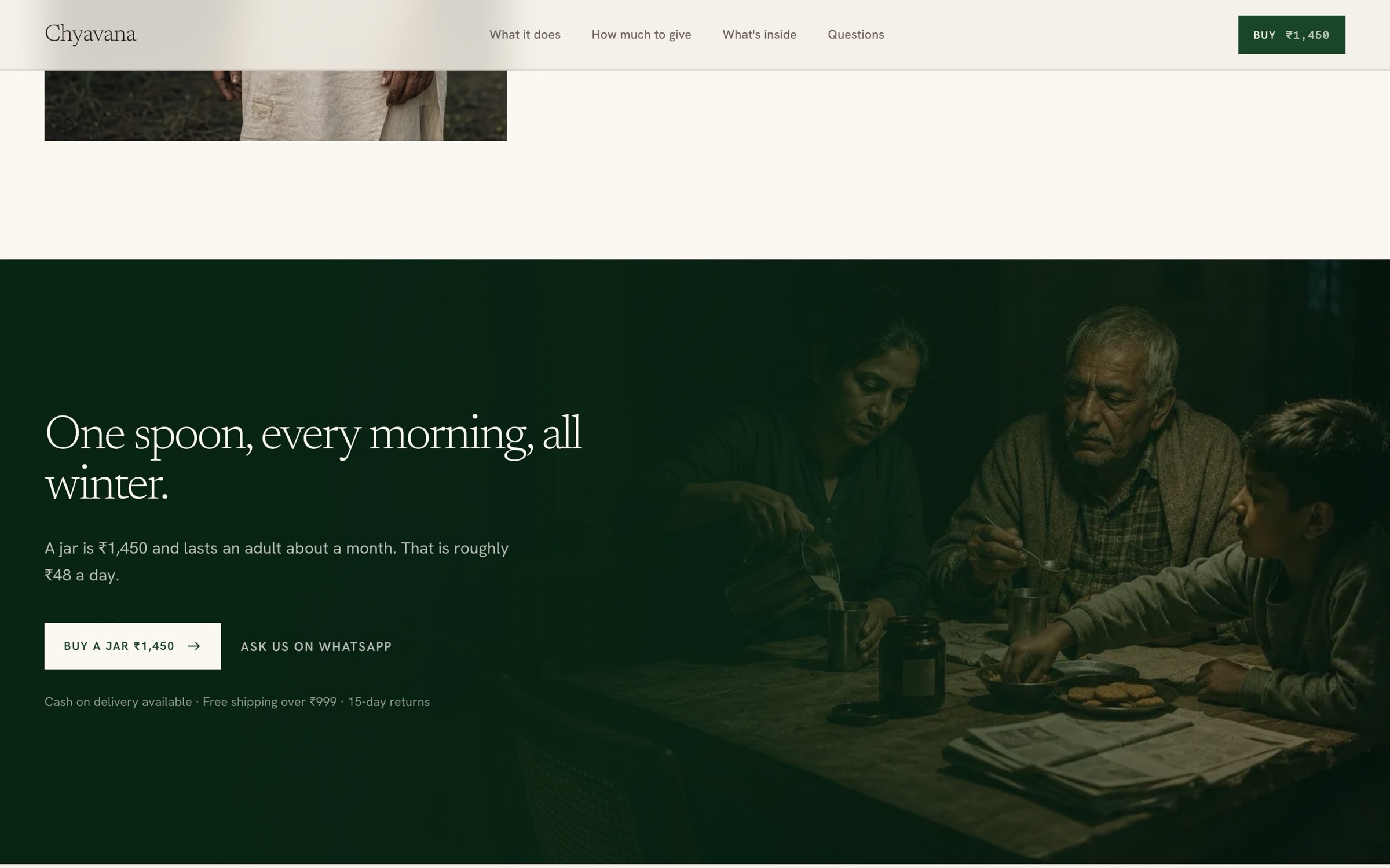 Closing offer ‘One spoon, every morning, all winter’ with a buy button over a dark green family scene.