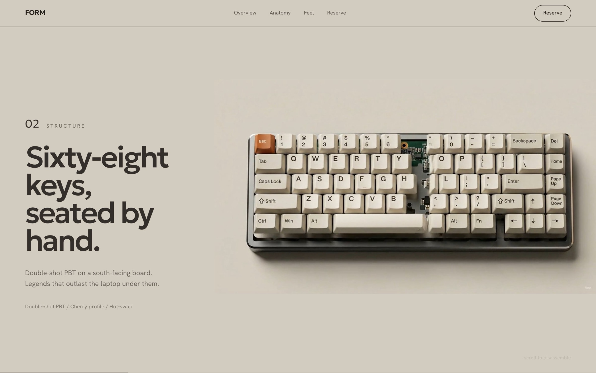 Keycaps lifting off the board beside ‘Sixty-eight keys, seated by hand’.