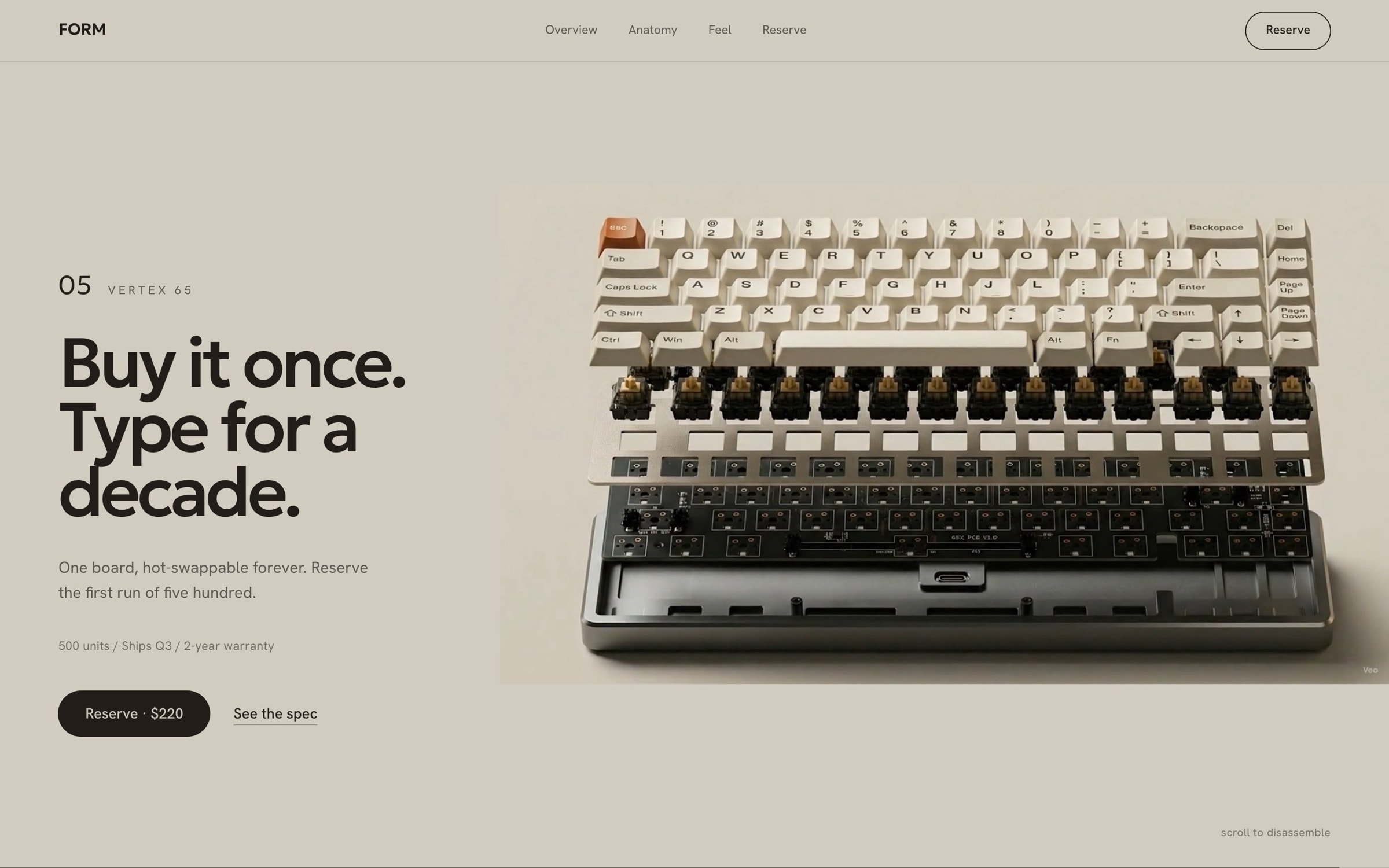 The fully disassembled keyboard beside ‘Buy it once. Type for a decade’ and a Reserve $220 button.