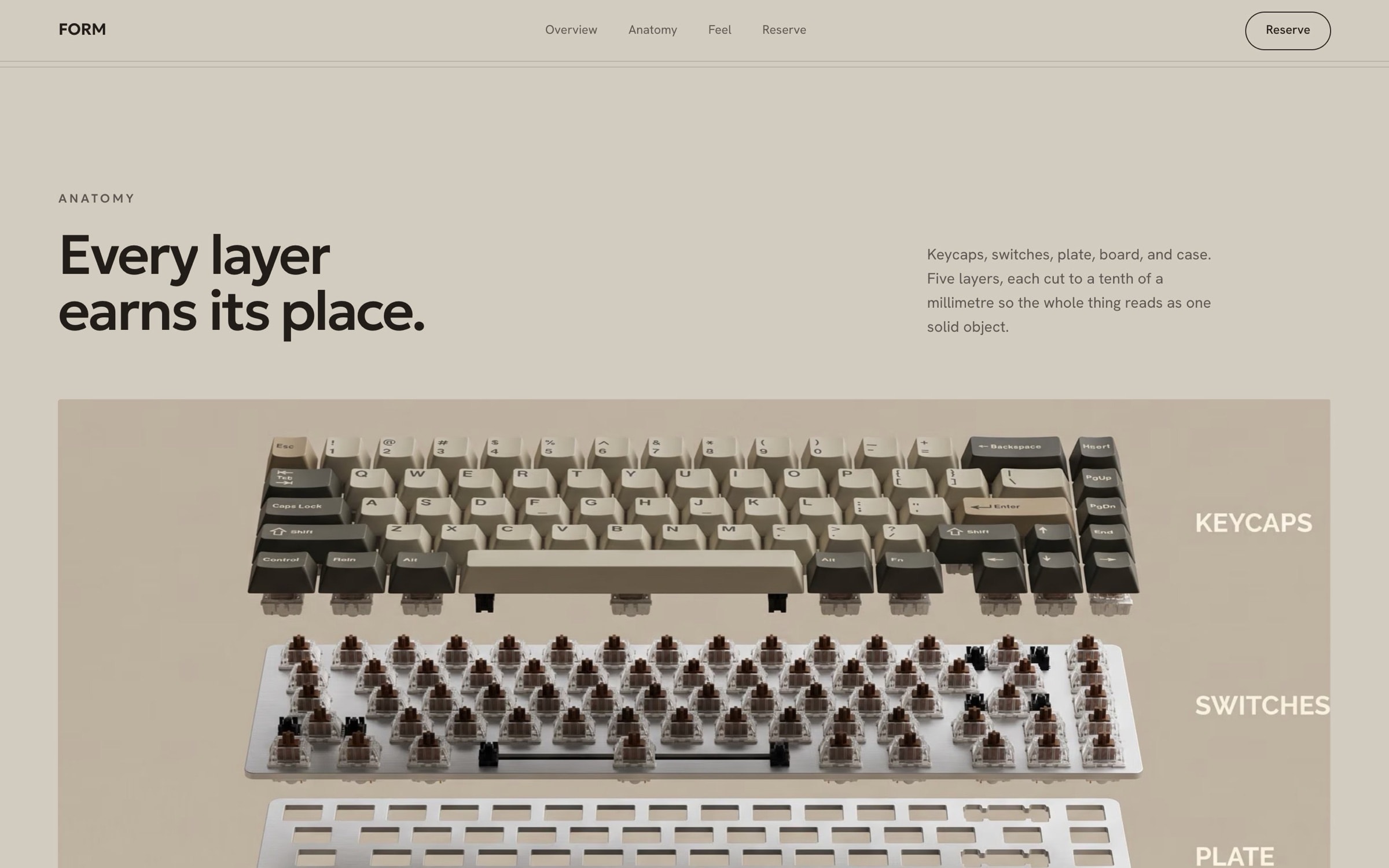 Anatomy: an exploded view labelled keycaps, switches and plate under ‘Every layer earns its place’.