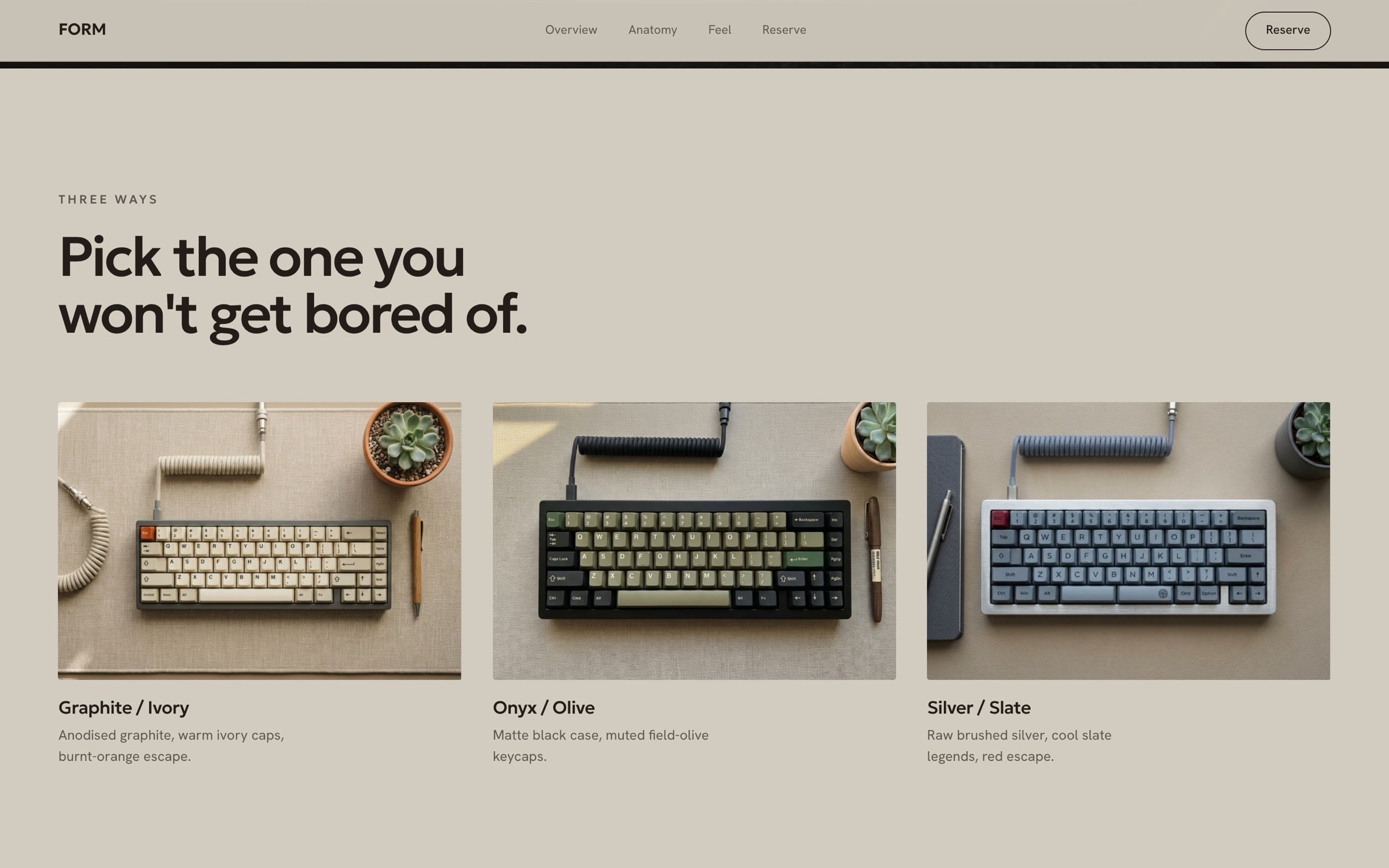 Three colourways: Graphite / Ivory, Onyx / Olive and Silver / Slate under ‘Pick the one you won't get bored of’.