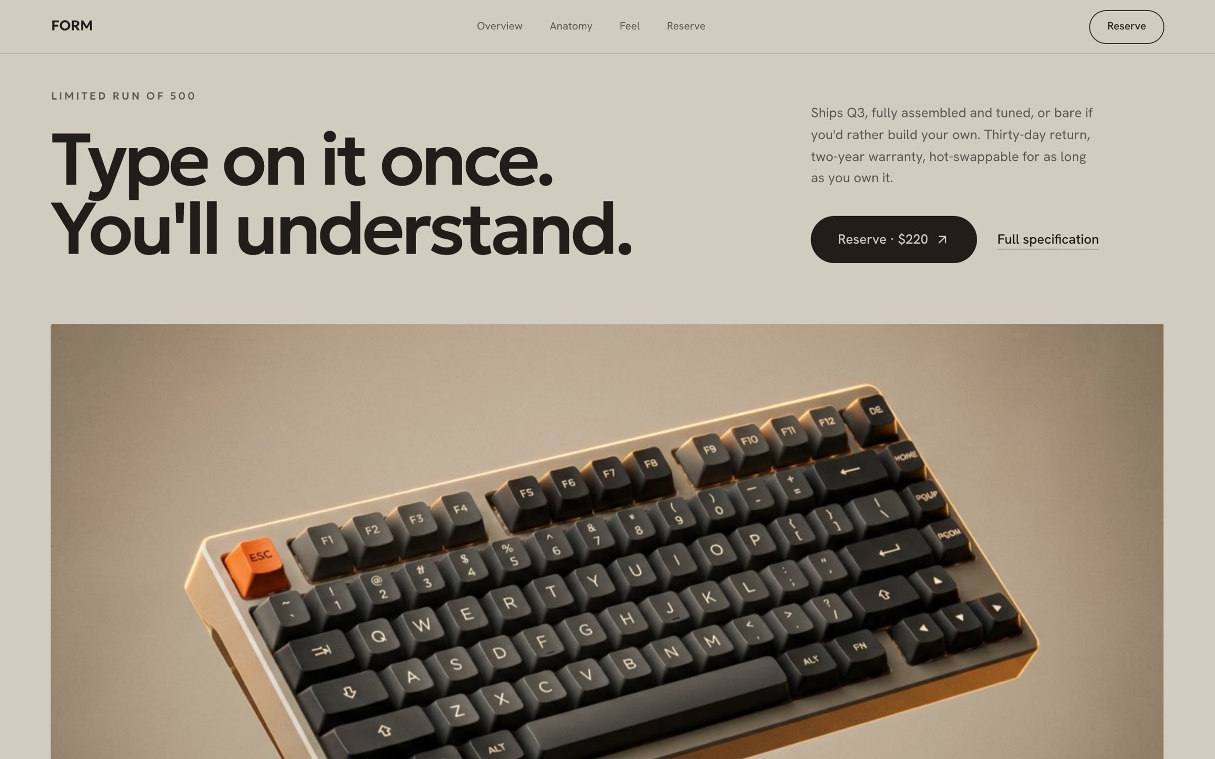 Closing section ‘Type on it once. You'll understand.’ with Reserve $220 above a keyboard render.