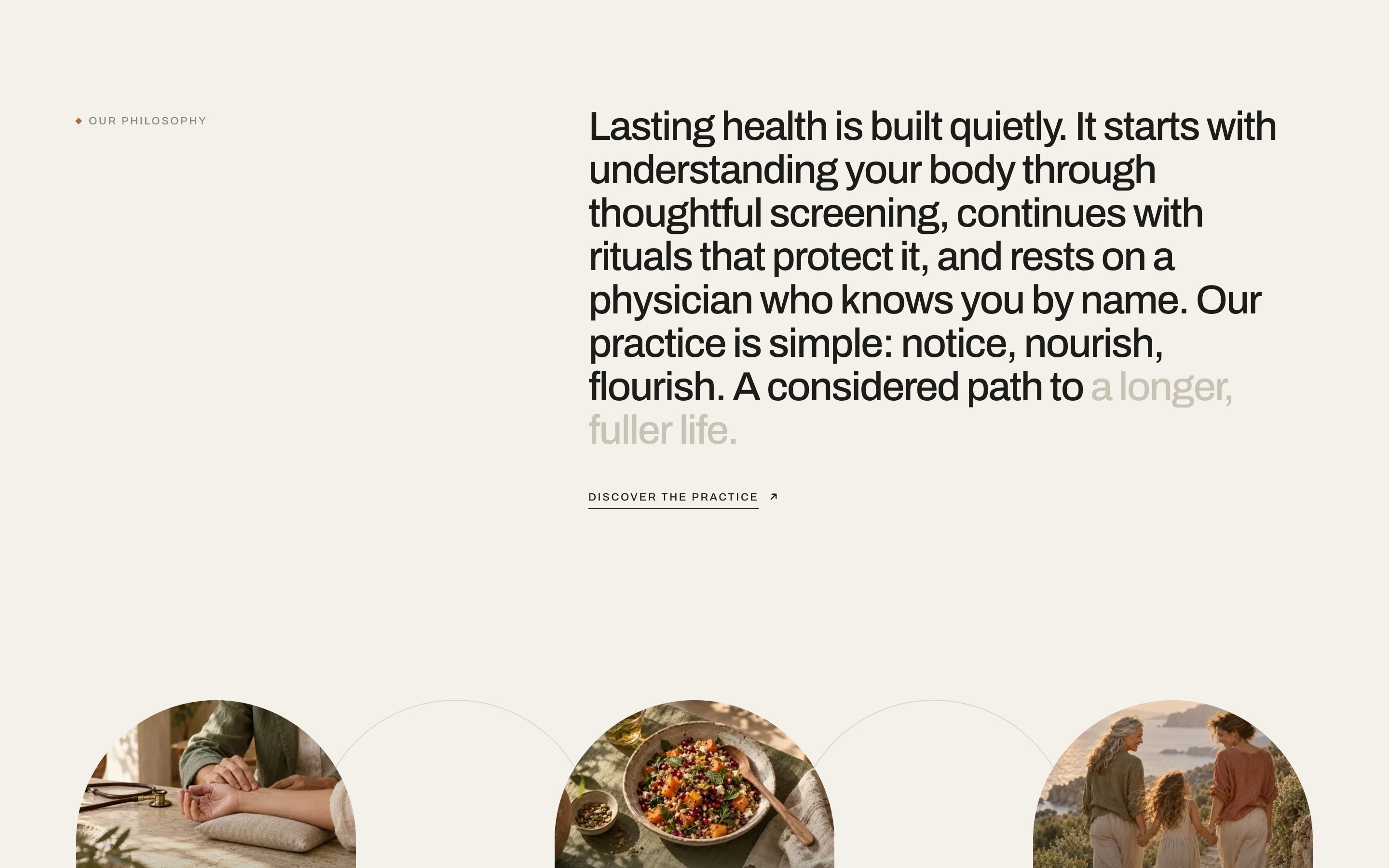 The philosophy paragraph, ‘Lasting health is built quietly…’, its last words still filling in.