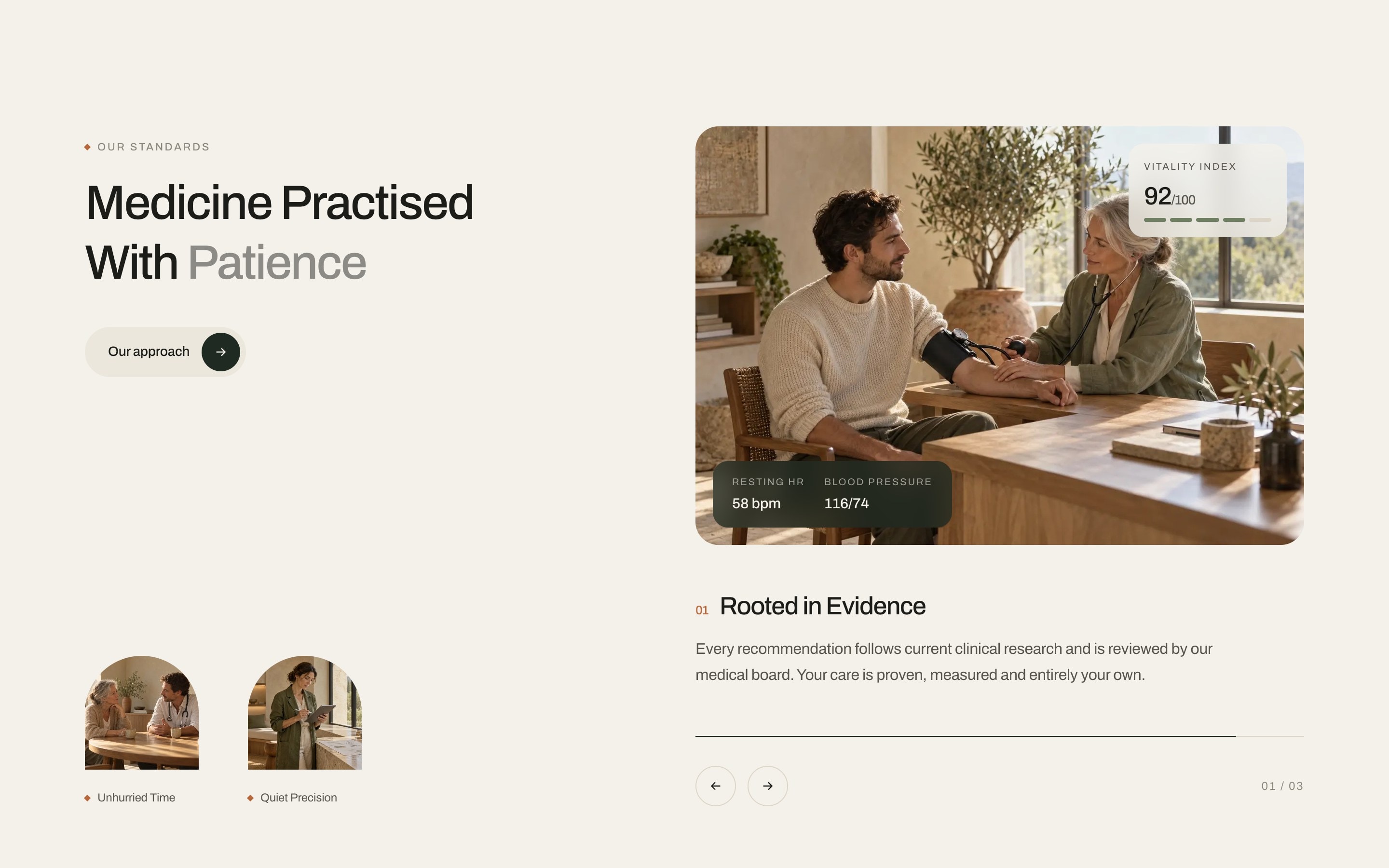 ‘Medicine Practised With Patience’ beside a consultation photo with a vitality index of 92 and a blood-pressure readout.
