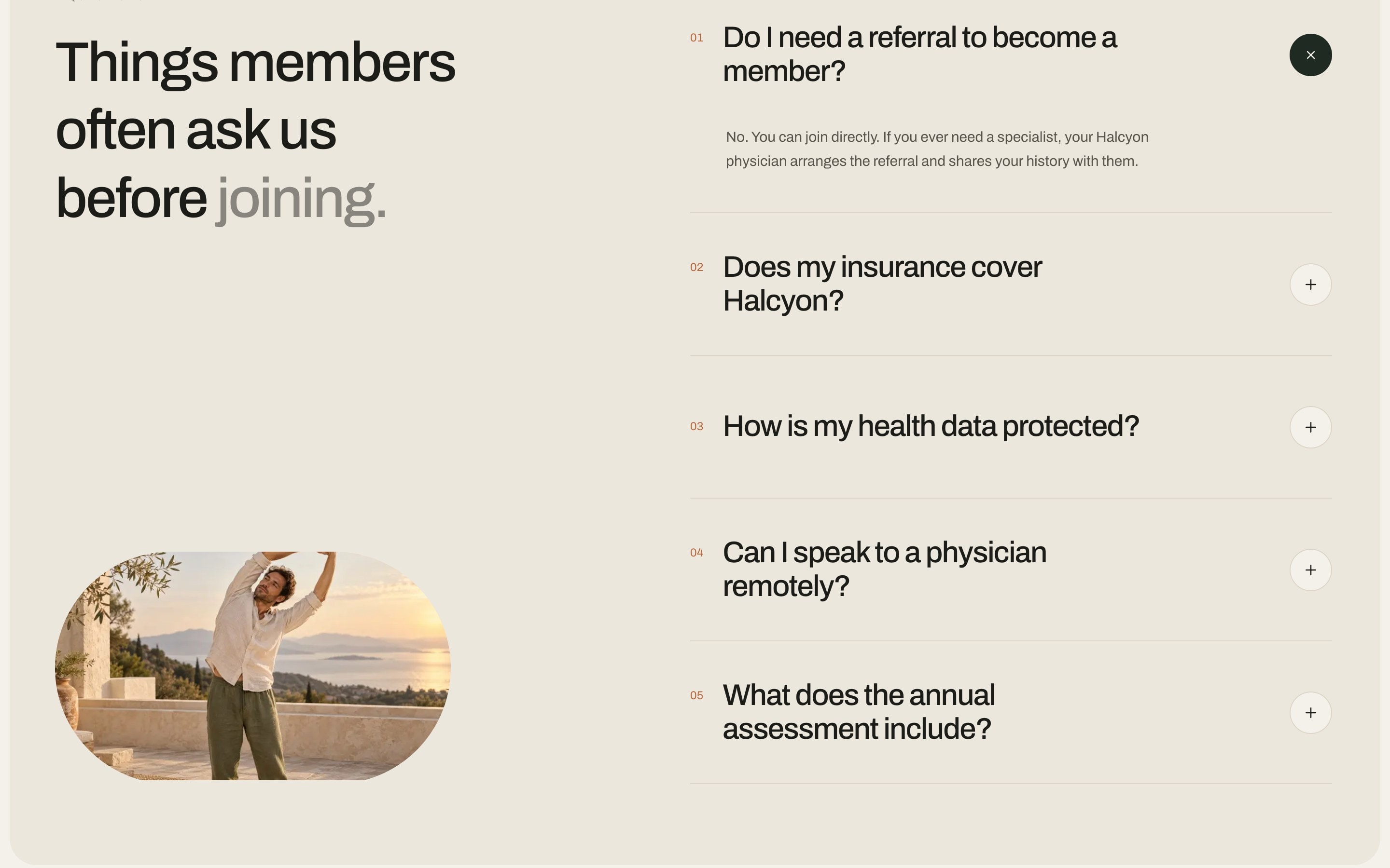 ‘Things members often ask us before joining’, an open FAQ answer and an oval photo of a morning stretch.