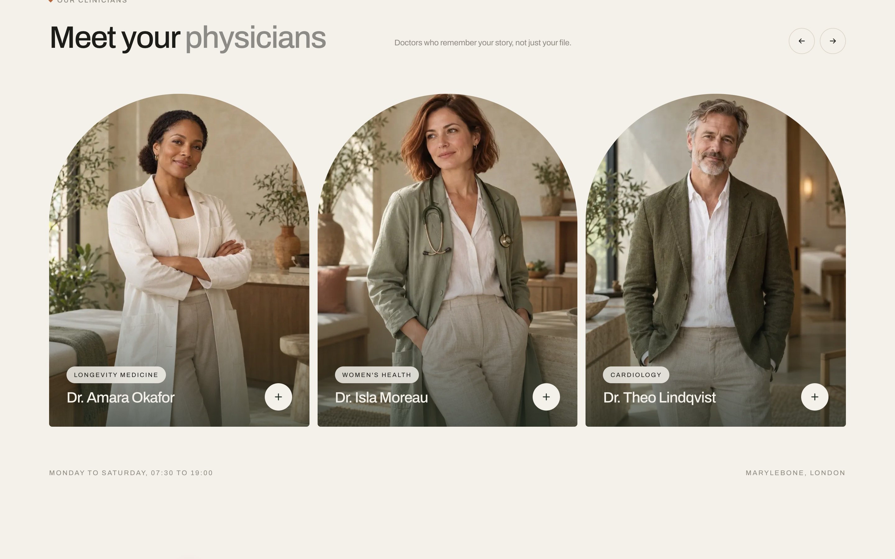 ‘Meet your physicians’: three arched portraits of Dr. Amara Okafor, Dr. Isla Moreau and Dr. Theo Lindqvist.