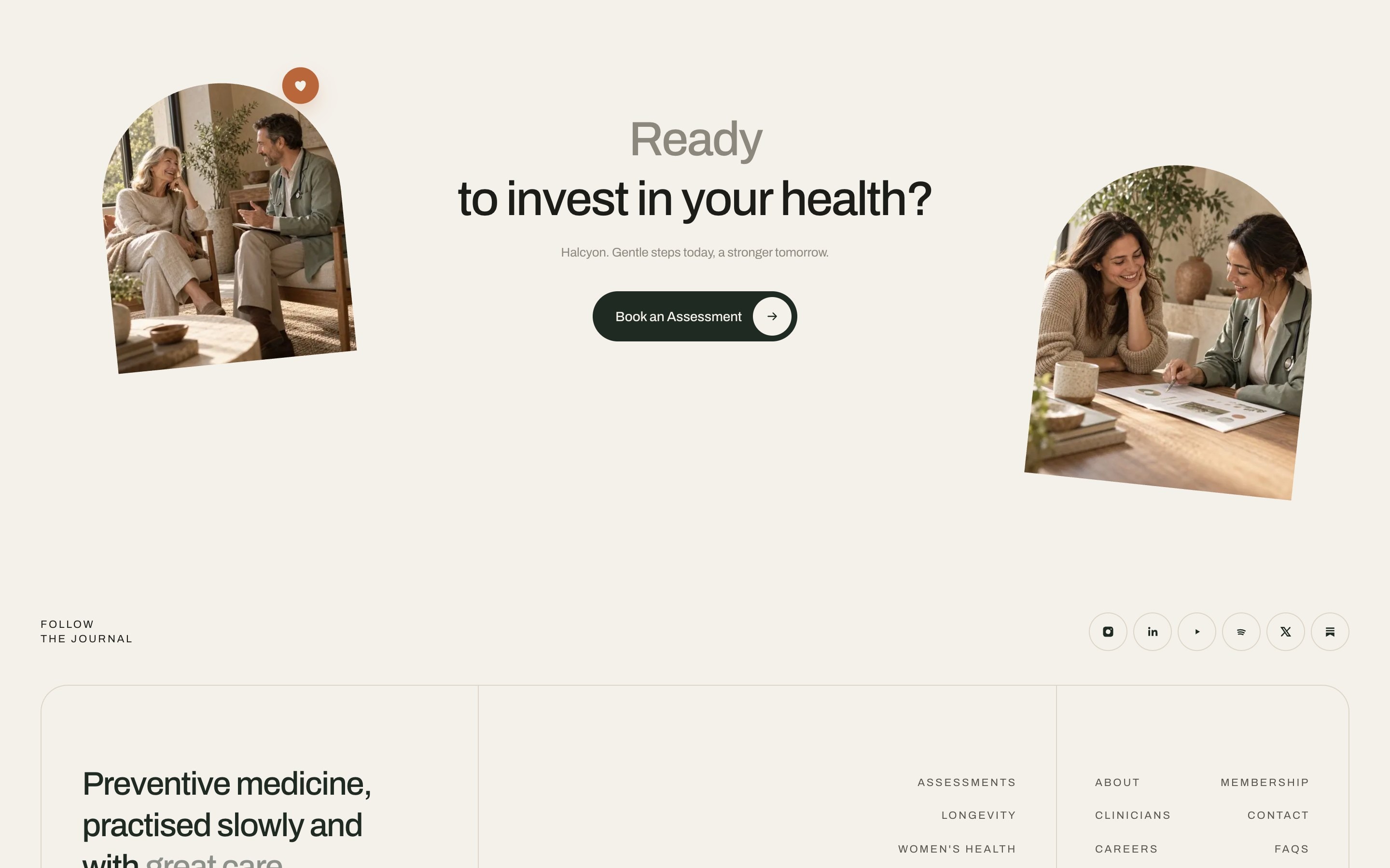 ‘Ready to invest in your health?’ with a Book an Assessment button between two tilted photographs.