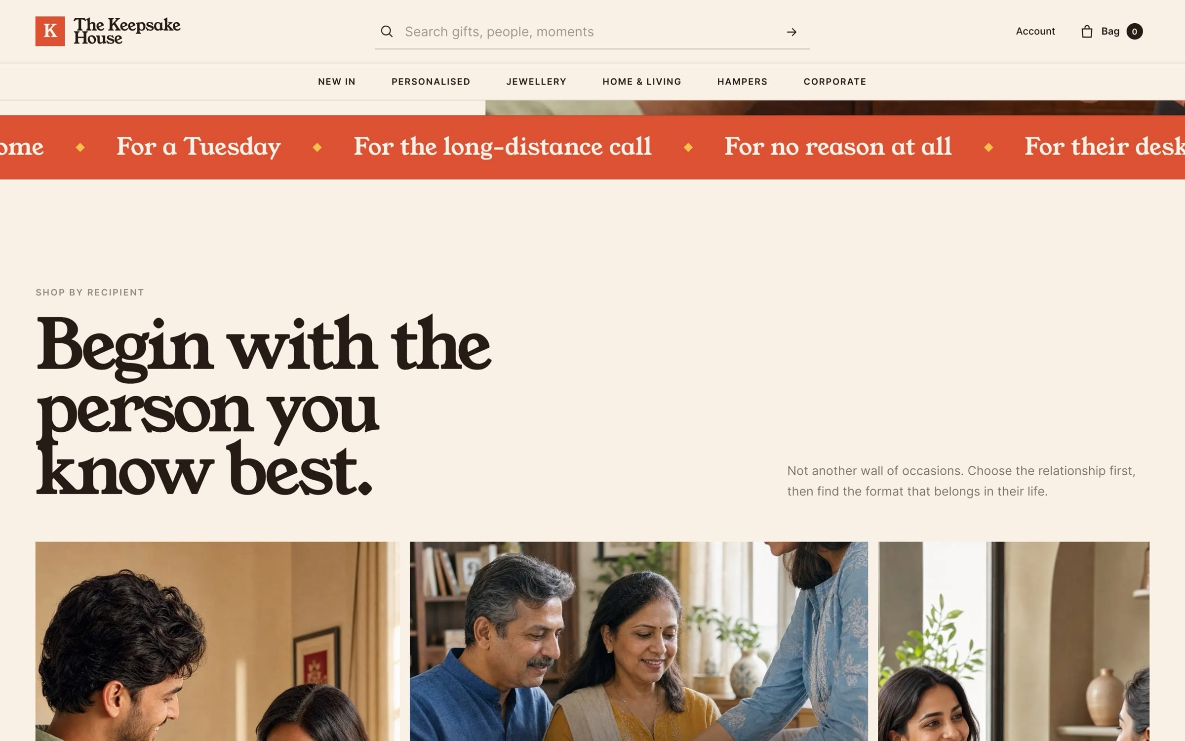 Occasion ticker and ‘Begin with the person you know best’ above family photographs.