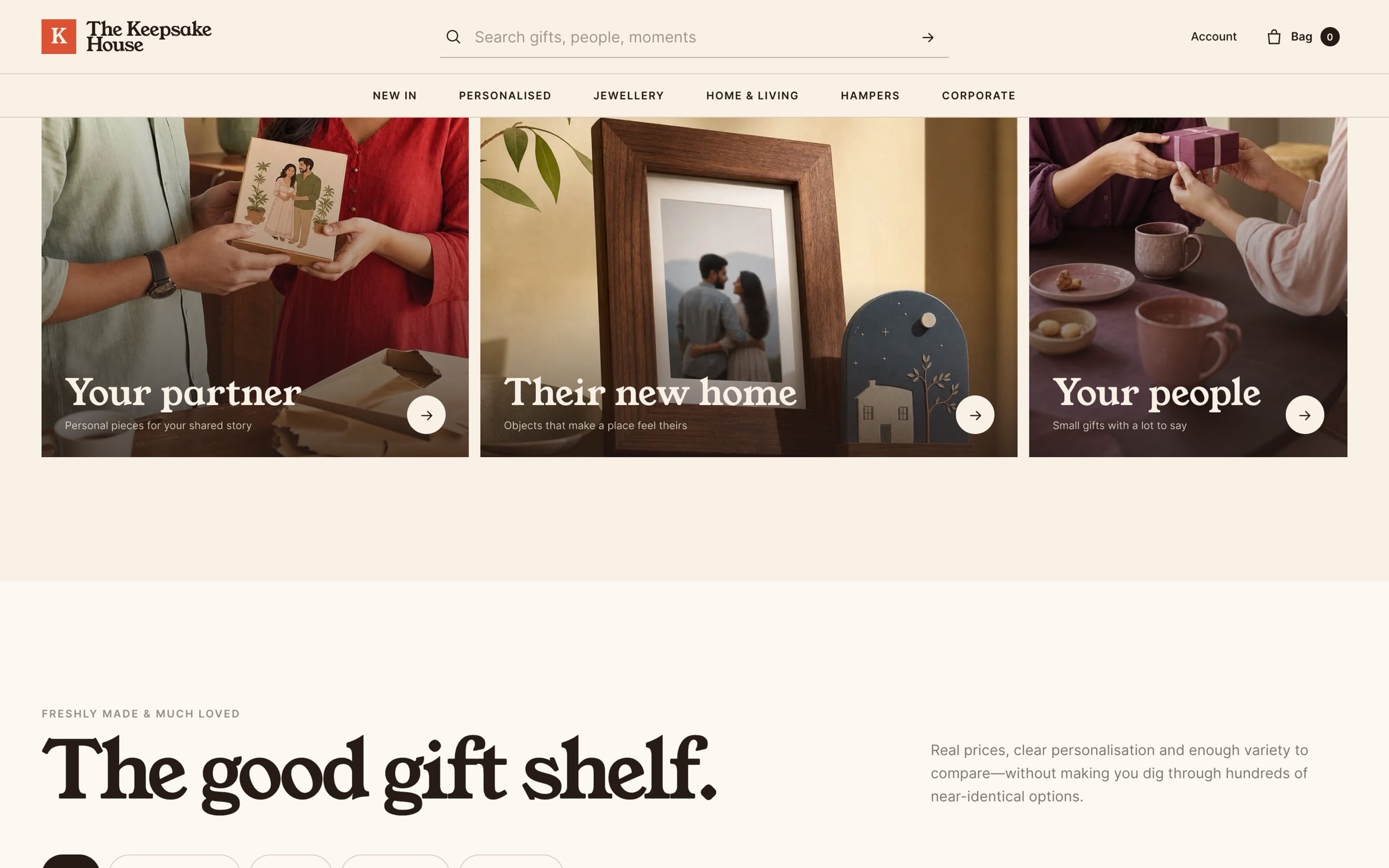 Shop-by-person tiles for your partner, their new home and your people, above ‘The good gift shelf’.