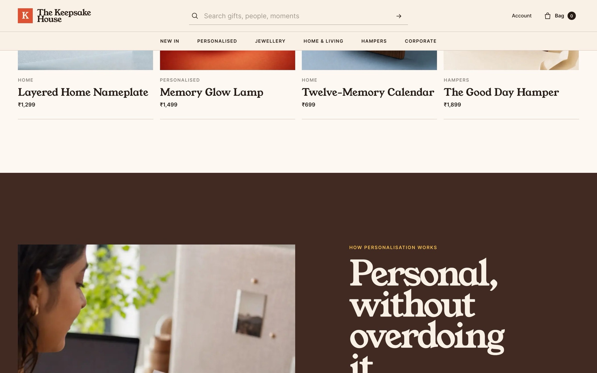 ‘Personal, without overdoing it’ on a deep brown band beside a woman holding a print.