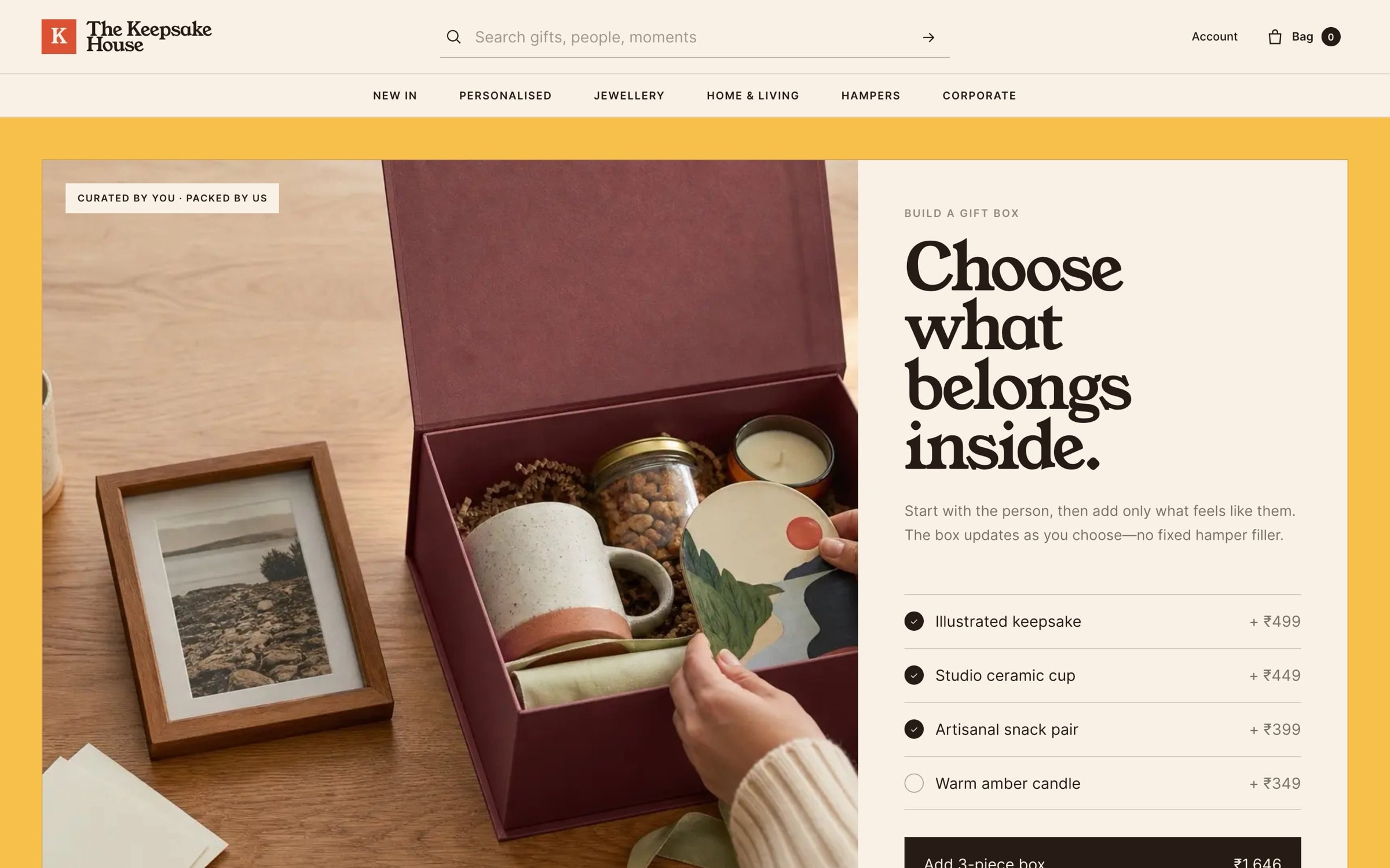 Build-a-box section with a checklist of items and a running total on mustard yellow.