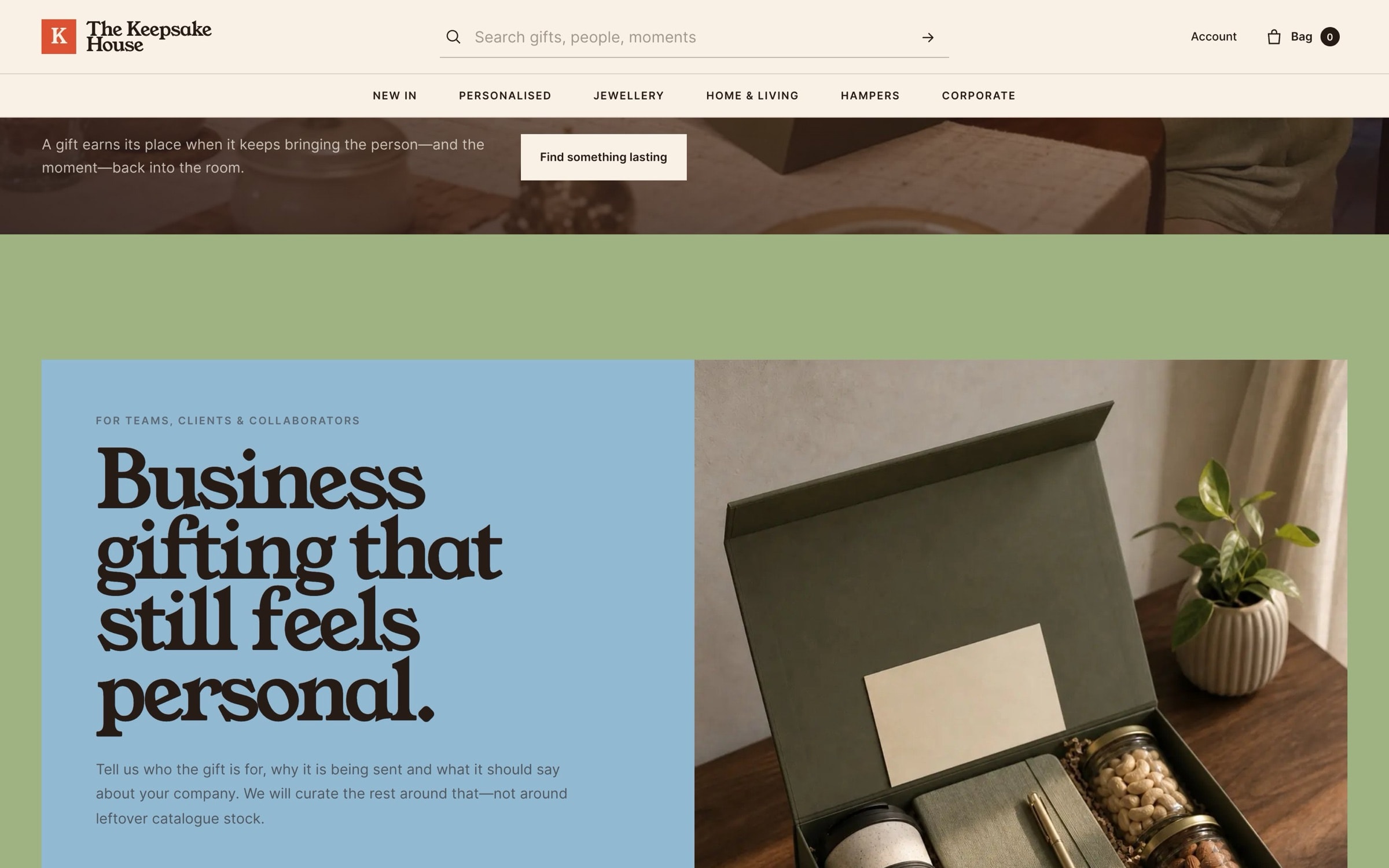 ‘Business gifting that still feels personal’ on sage and sky blue beside a gift box.