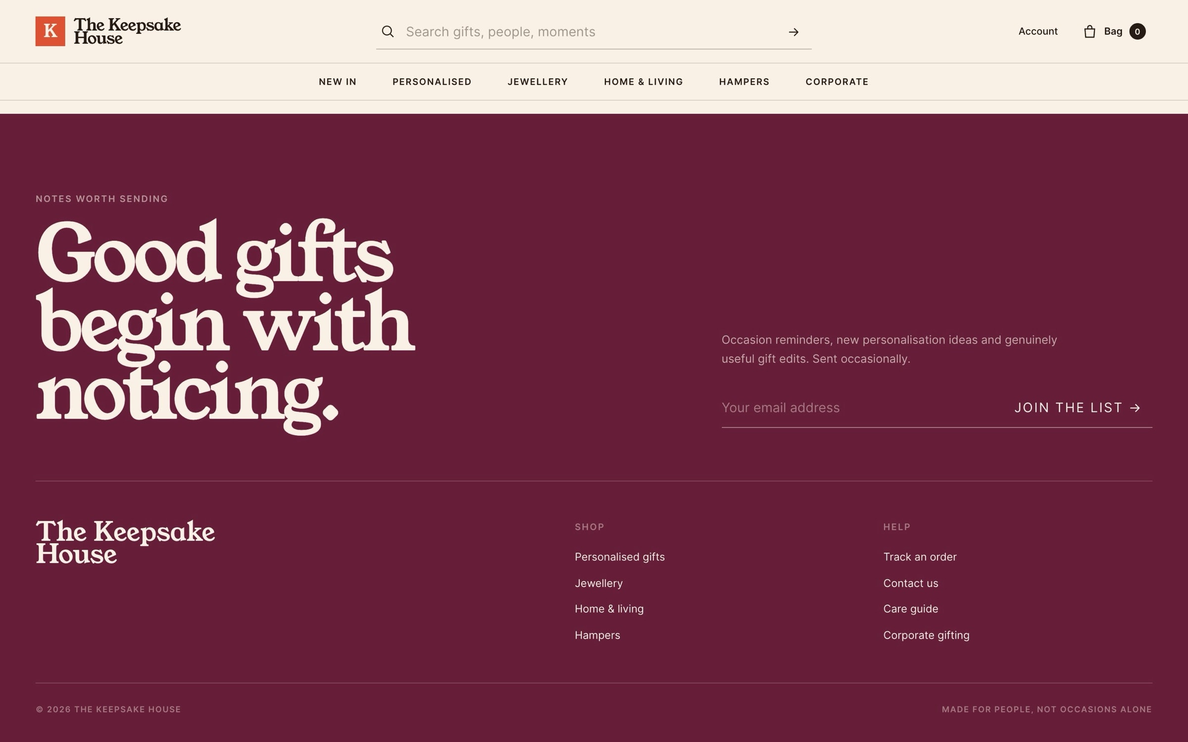 Closing newsletter band ‘Good gifts begin with noticing’ in deep plum with the footer.