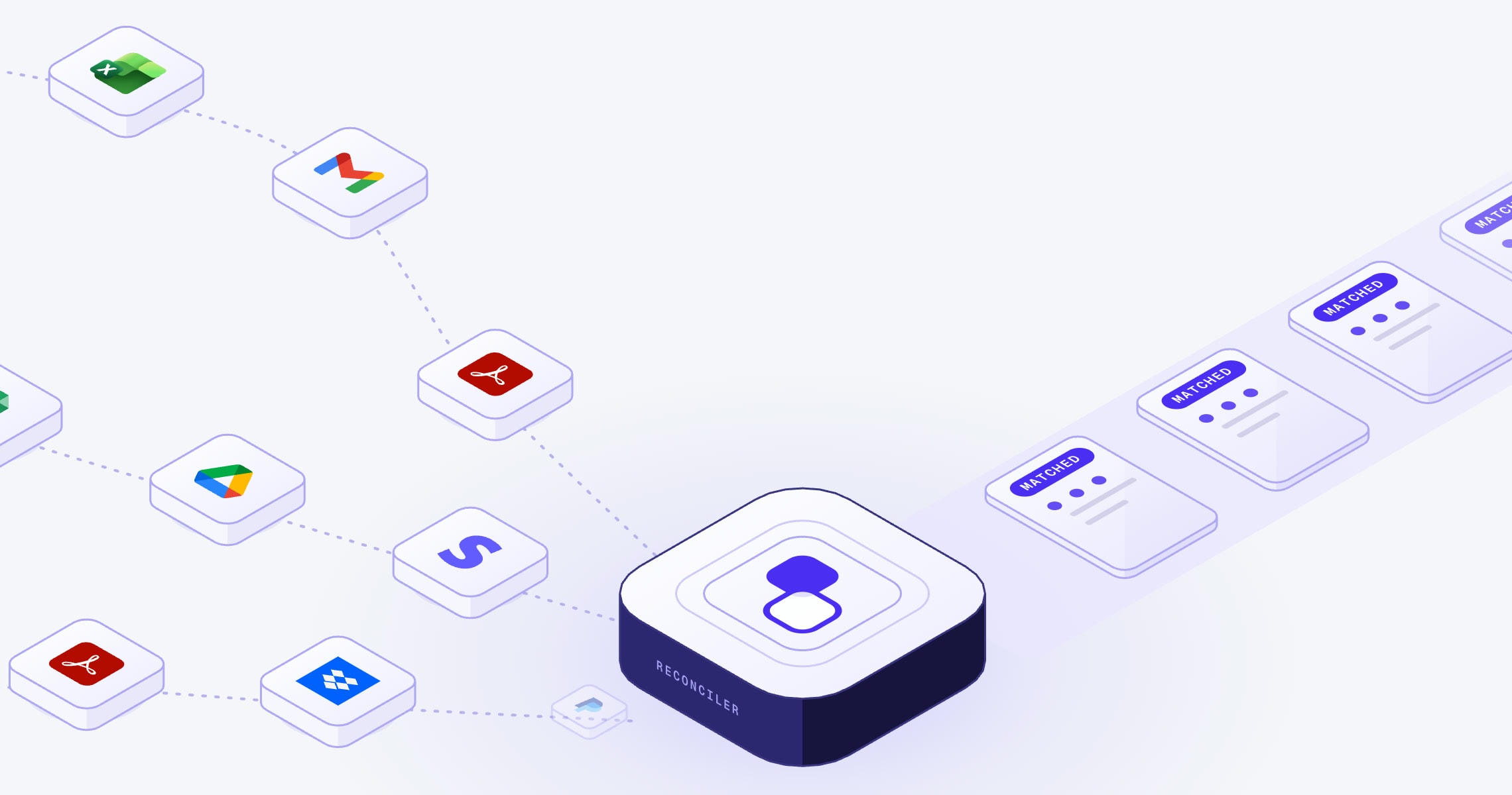 Detail of the isometric reconciler hub: a rounded navy block with the violet Pairwise mark, fed by dashed lanes of app tiles.