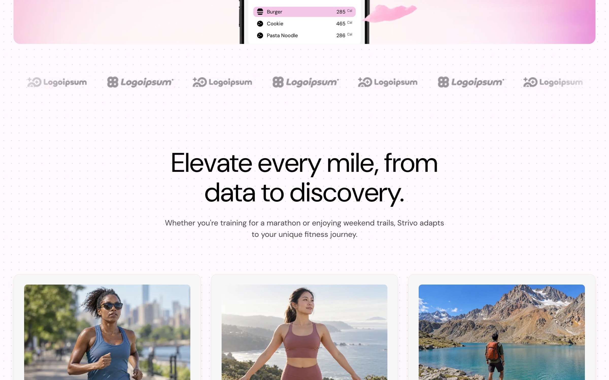 ‘Elevate every mile, from data to discovery’ above three runner photographs and a logo strip.