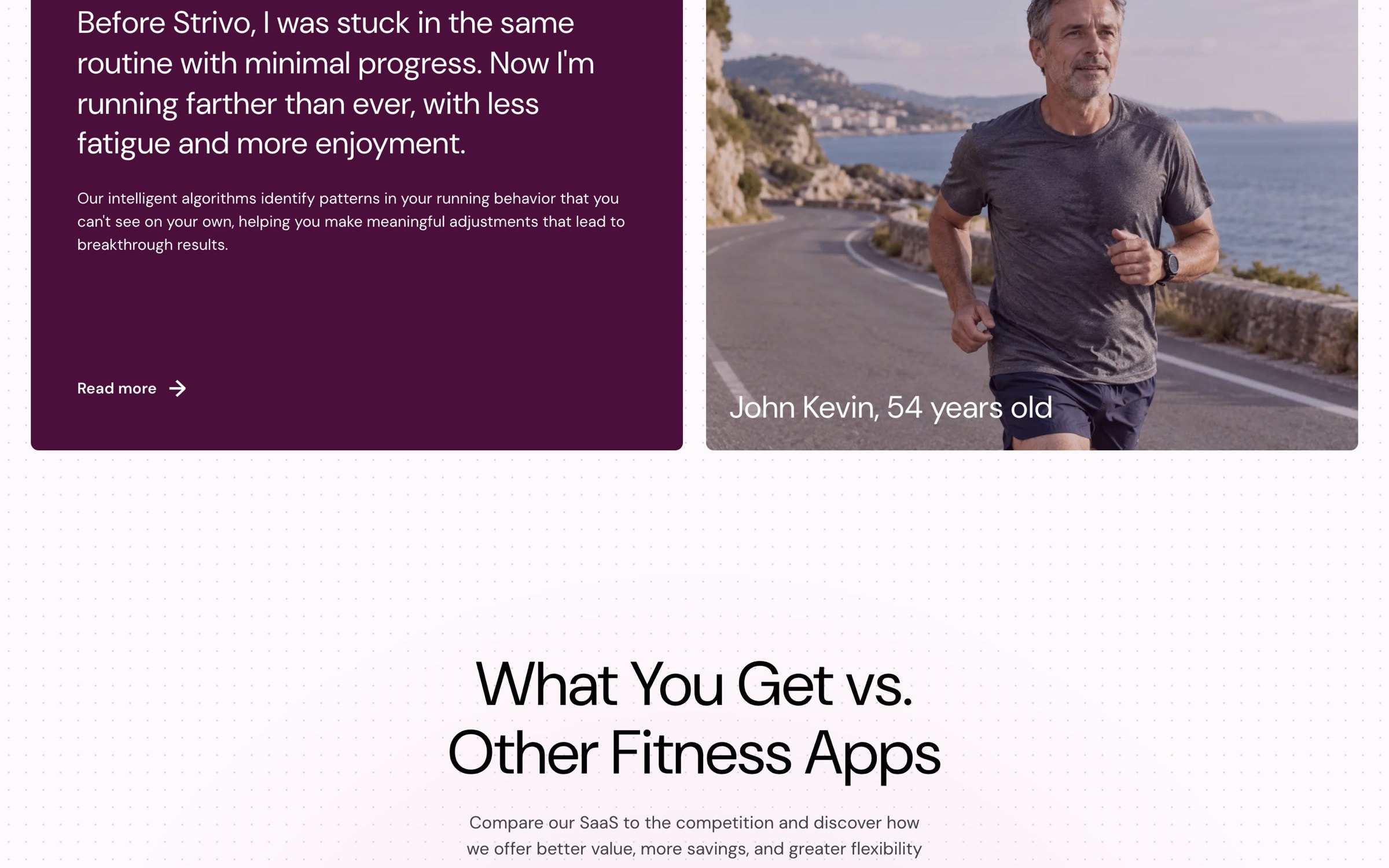 A 54-year-old runner's testimonial above ‘What you get vs. other fitness apps’.