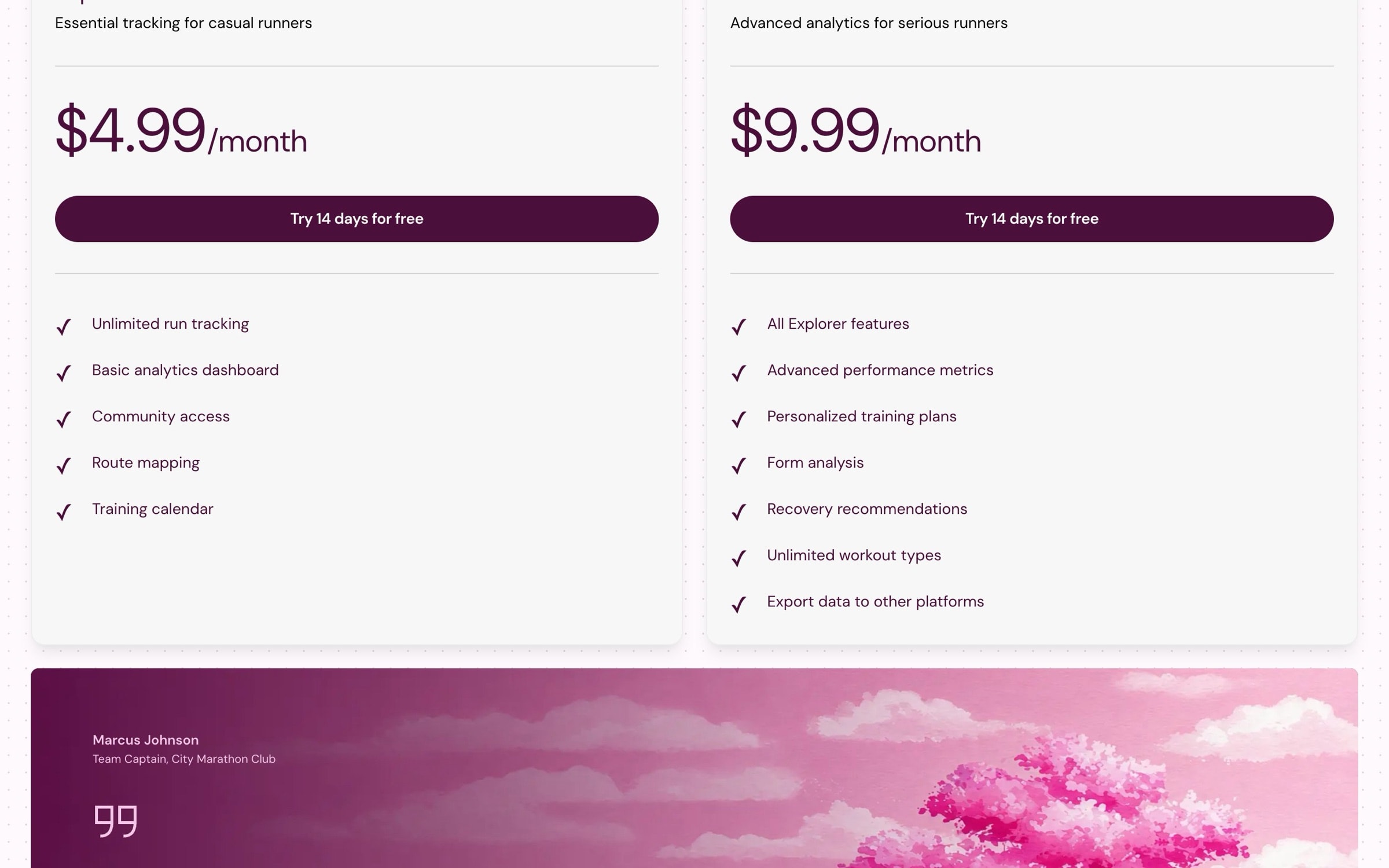 Pricing cards at $4.99 and $9.99 a month with feature lists and 14-day free trials.