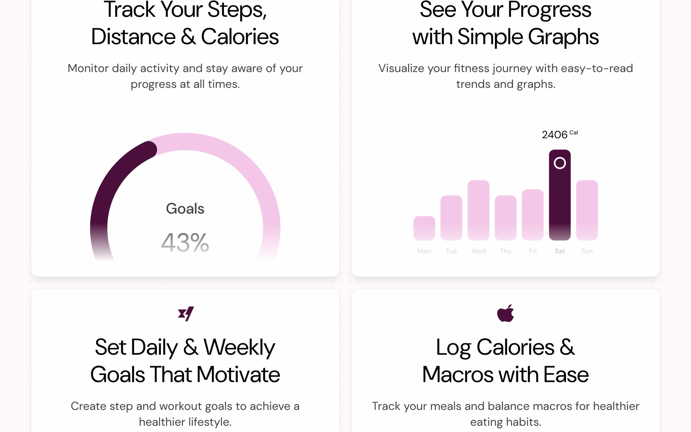 Feature grid with goal rings, weekly progress graphs and calorie logging.