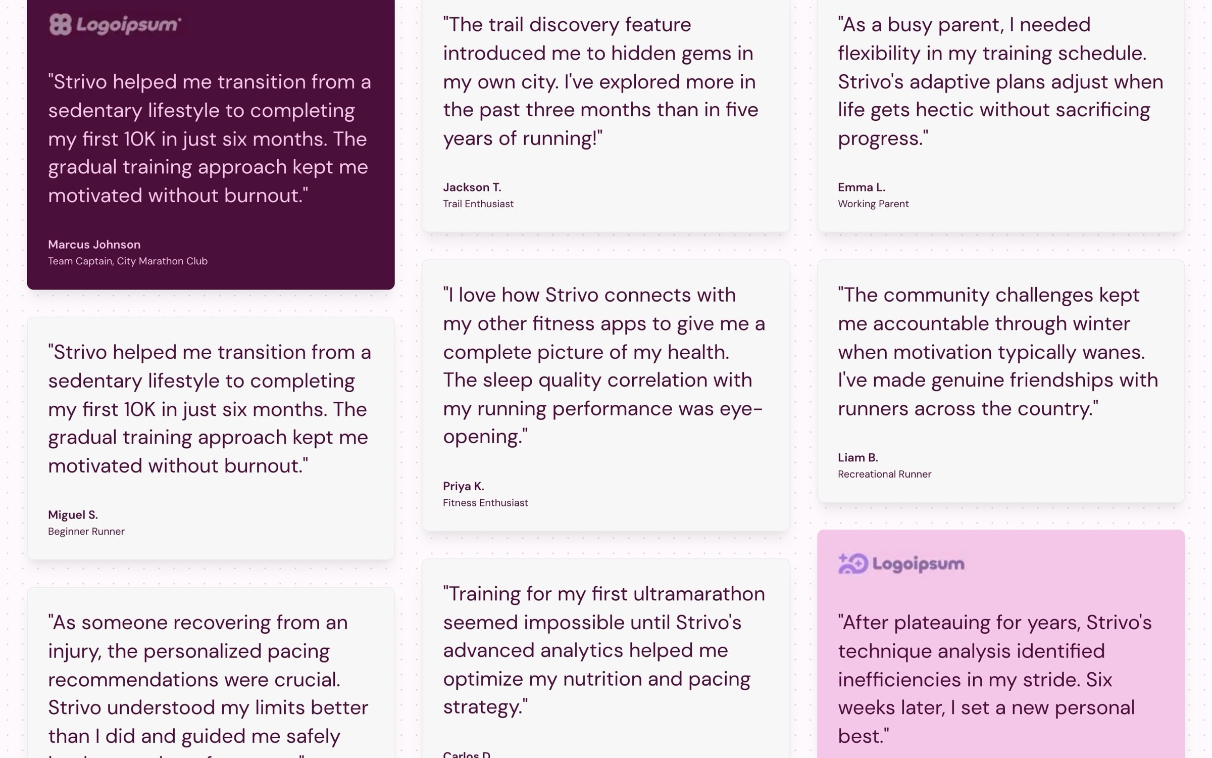 A wall of runner testimonials.