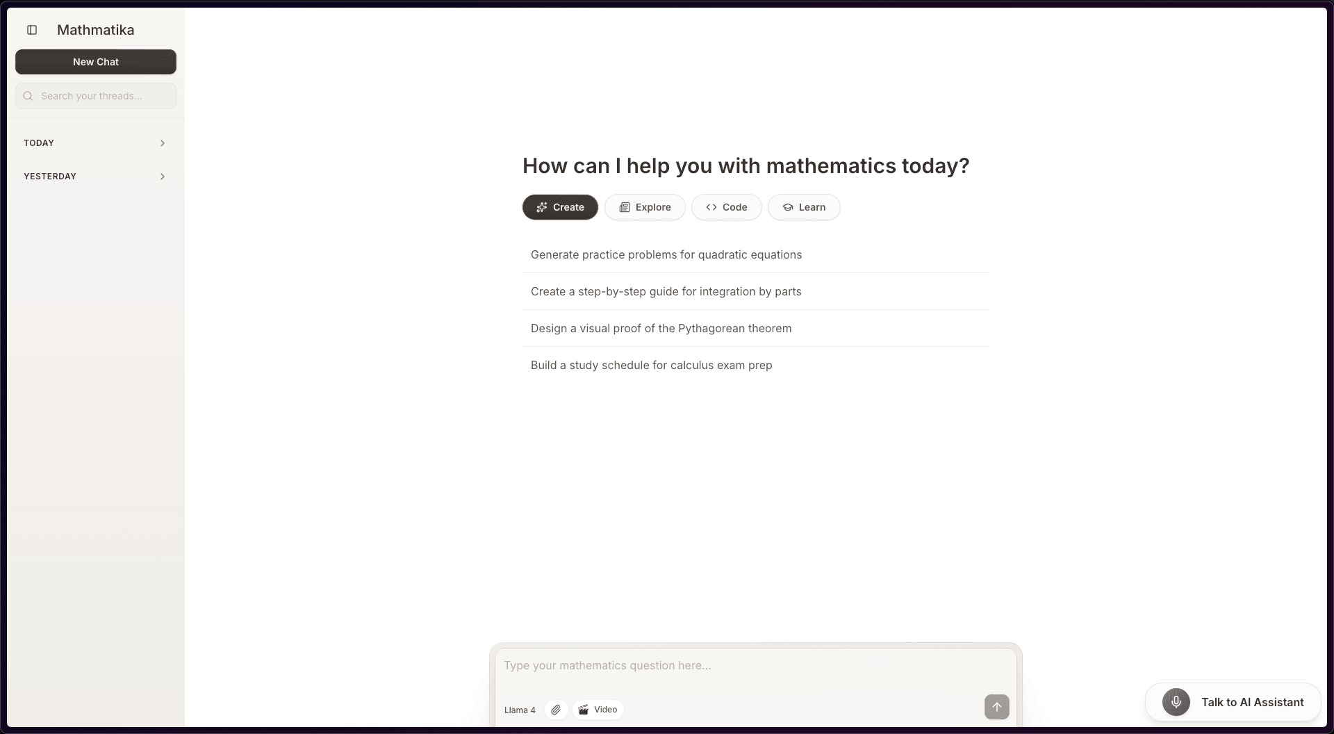Mathmatika interface showing a streaming maths explanation with rendered formulas beside a generated animation.
