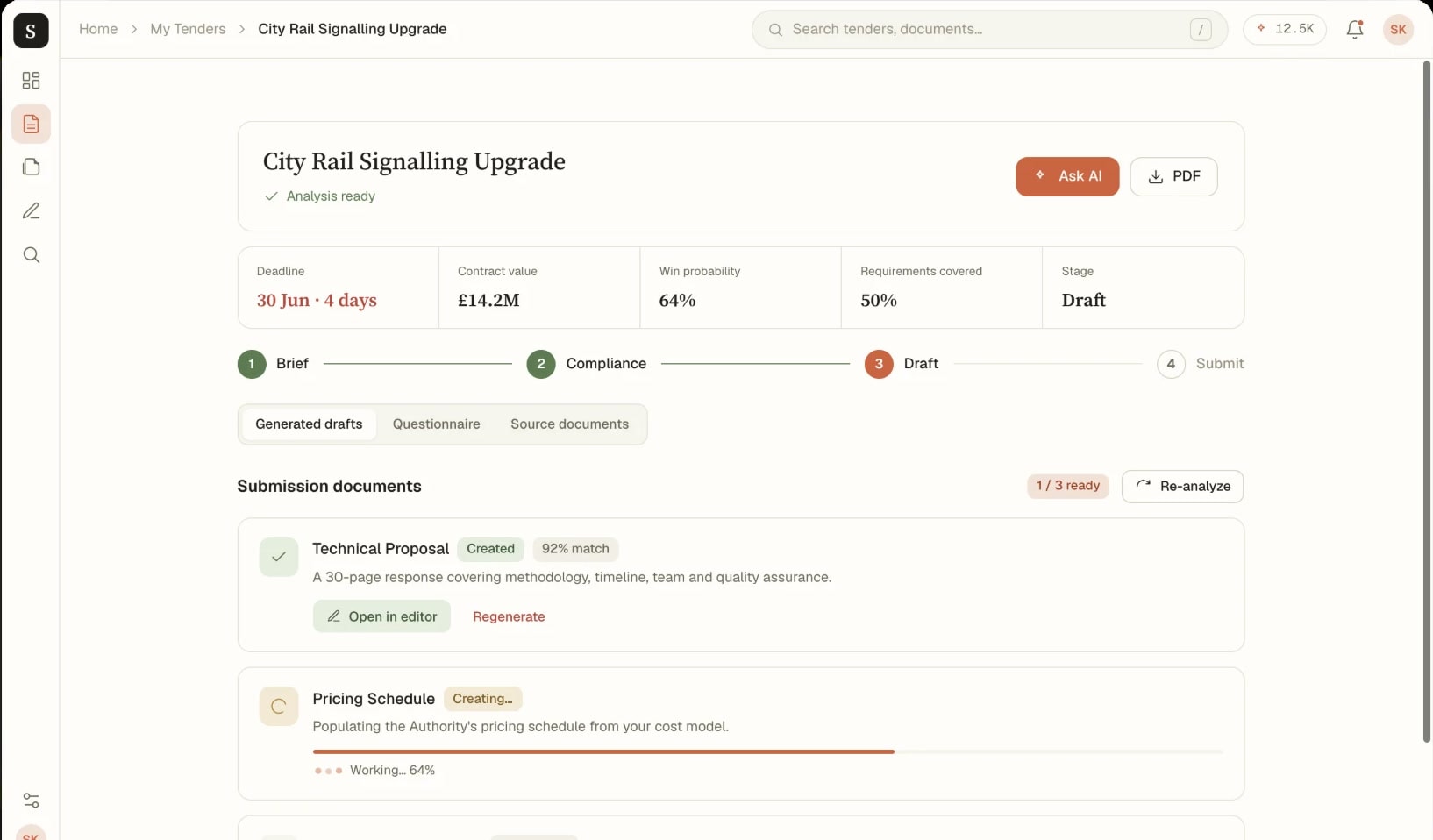 A Scriva tender page for City Rail Signalling Upgrade: deadline, contract value, win probability, a Brief, Compliance, Draft, Submit stepper, and submission documents being generated.