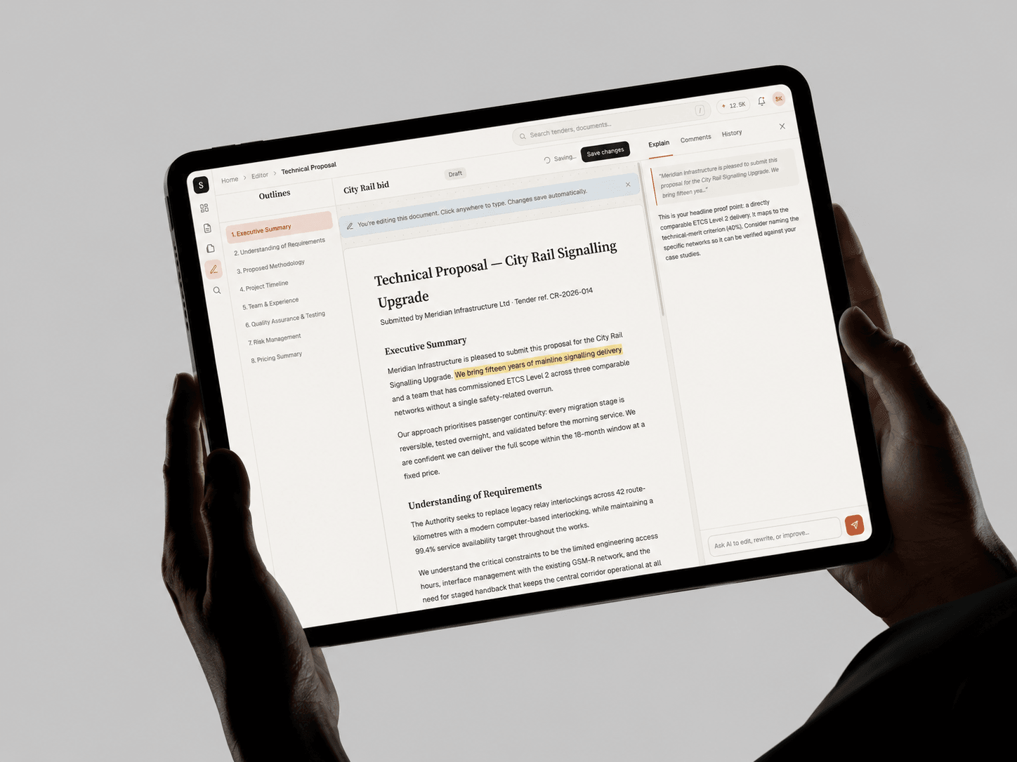 Scriva proposal editor on an iPad held in both hands, an eight section outline rail on the left and an AI Explain panel reasoning about a highlighted sentence.