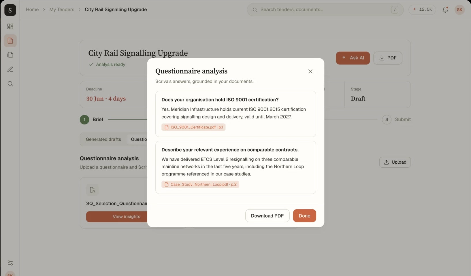 Scriva questionnaire analysis dialog: answers to ISO 9001 and comparable-contract questions, each with a citation chip naming the source PDF and page.
